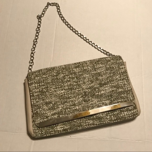 KELLY AND KATIE Tweed Clutch Handbag Chain Strap Green Tan Cream Snap Closure - Picture 5 of 6